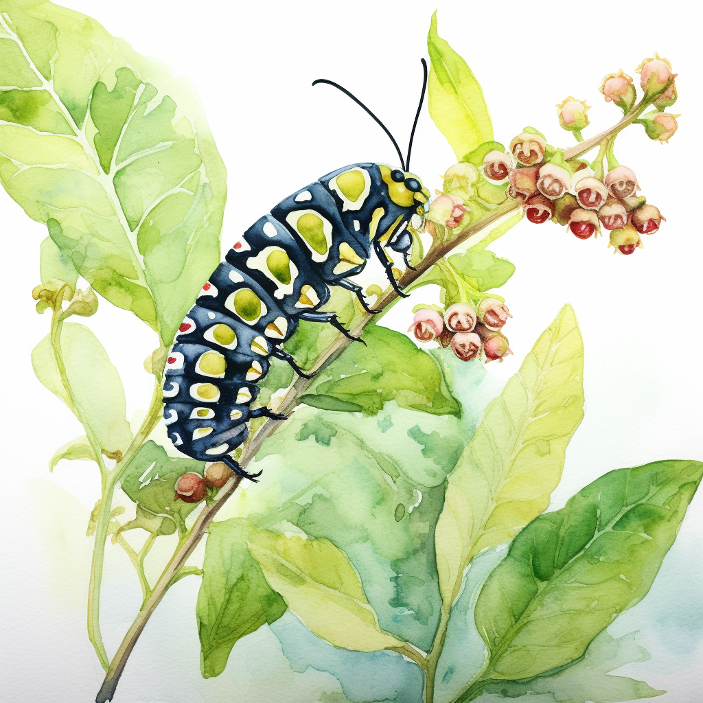 Watercolor painting of a caterpillar munching on milkweed.