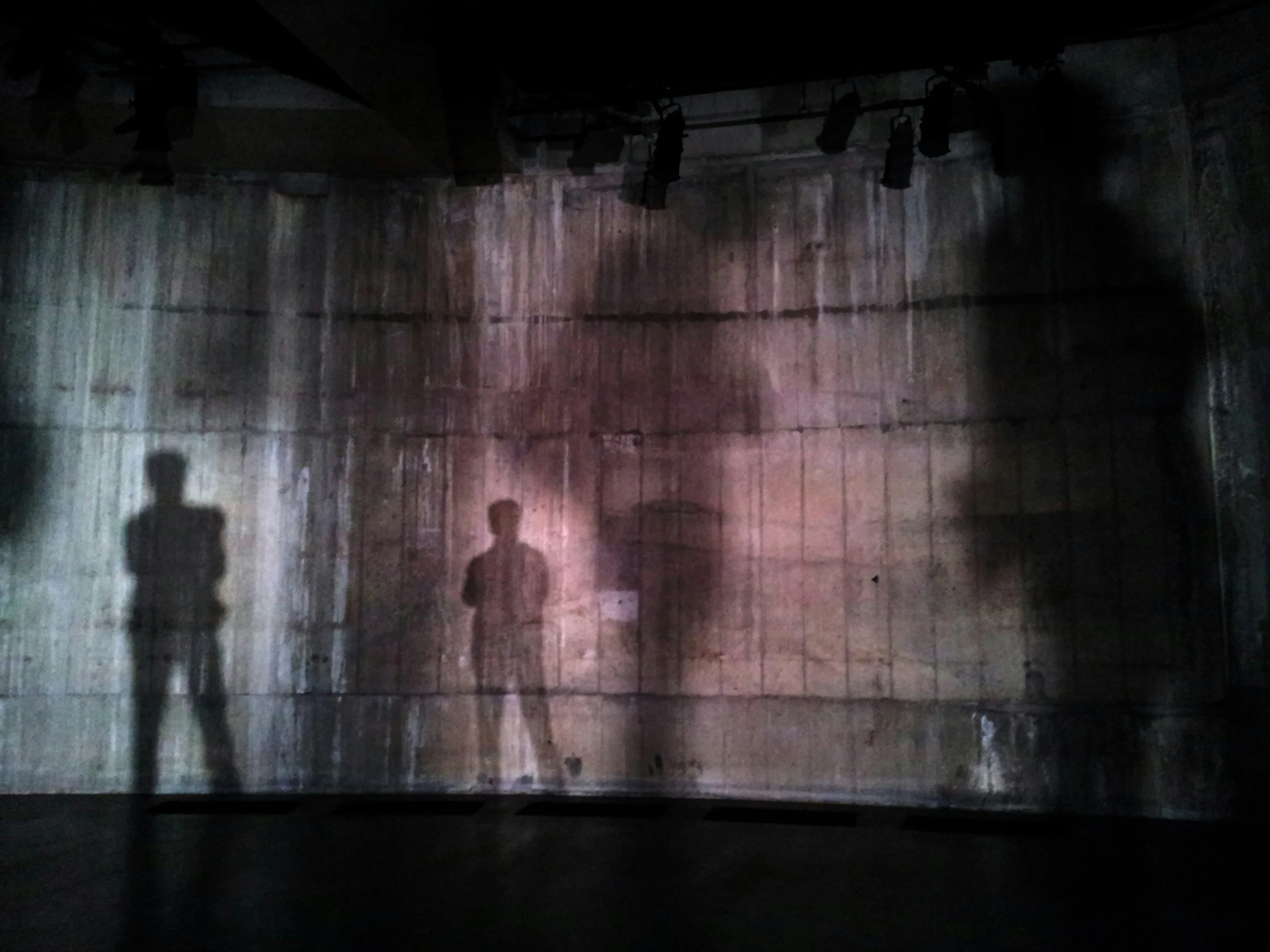 Shadows cast from people upon a wall.